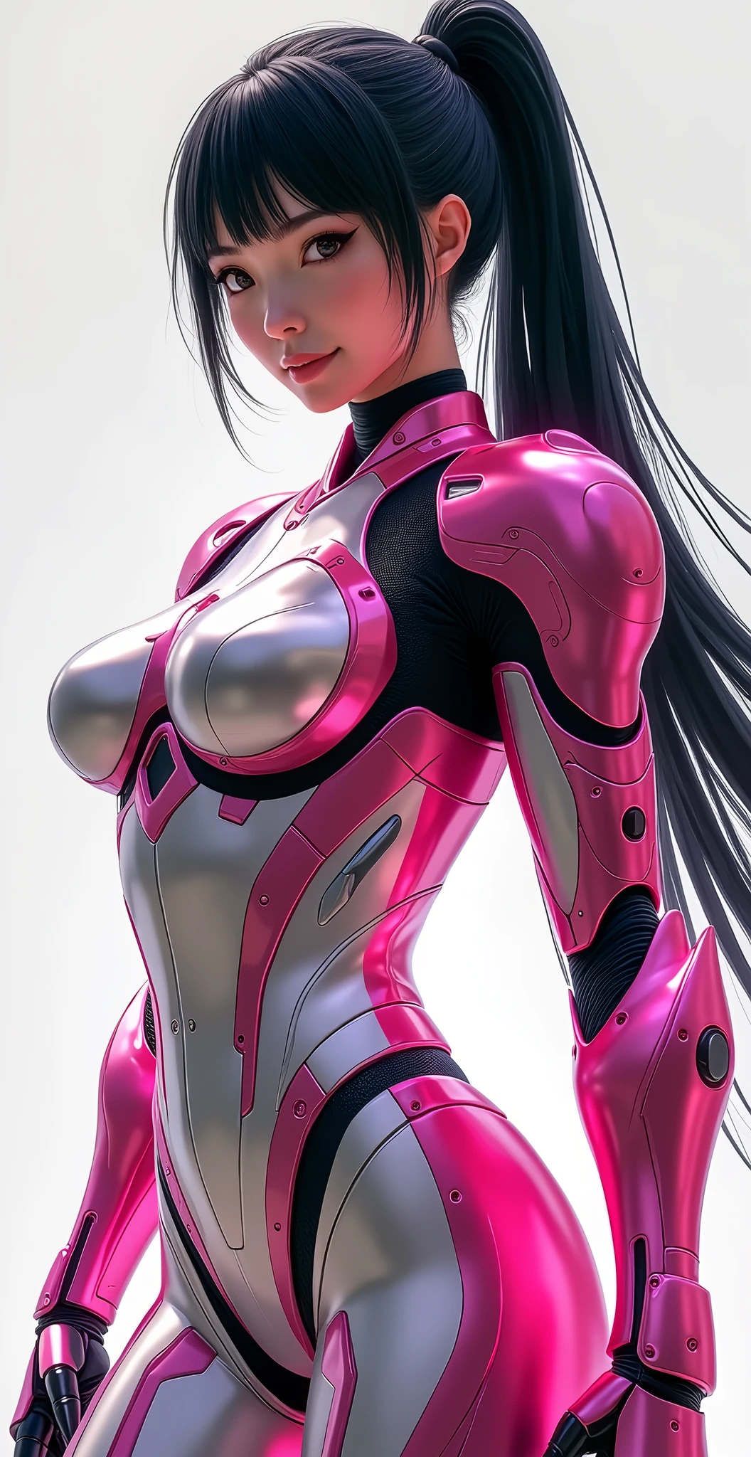 A beautiful 25 year old Japanese woman wearing flashy pink and silver metallic powered armor.:1.8, Pink and silver metallic powered armor:1.5, No skin exposure:1.5, smile,Big Breasts:1.5,Black Hair:1.5,ponytail:1.4