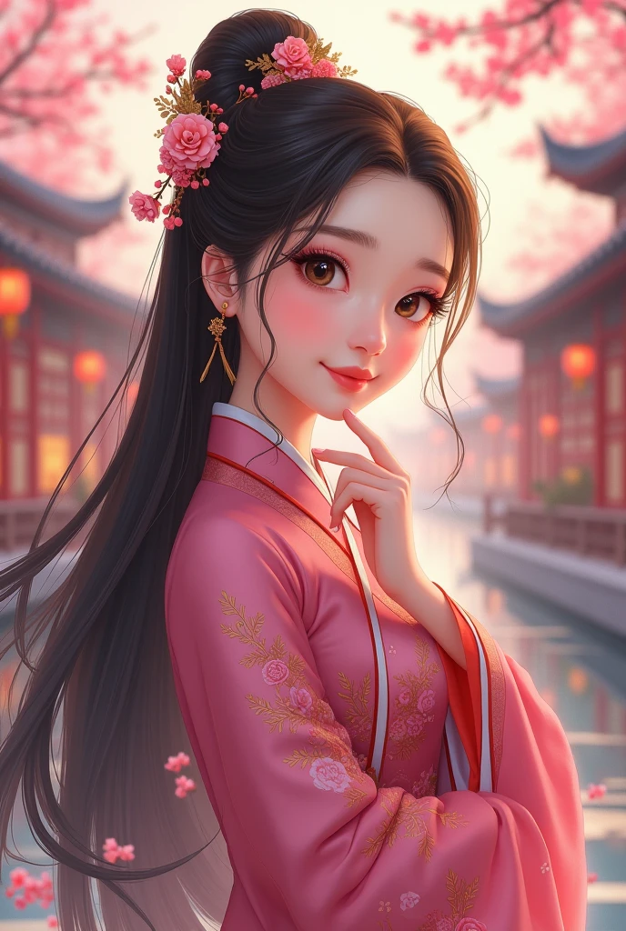 ( High resolution、 masterpiece、Highest quality、8k)、Tang Dynasty Buildings、Tang Dynasty China、Tang Dynasty China、(The face is round、Her eyes are long and cute、The most beautiful woman)、Chinese traditional clothing with a bright pink color and floral pattern、(whole body)、Brown-black long hair、Smiling Eyes、Holding、Cute gesture、Fingers on the chin、background、Tang Dynasty Buildings、Chang'an city in the Tang Dynasty、Plum blossom、river view、Riverside city lights、Lantern Light、A complete portrayal、Detailed anime art、Detailed CG、