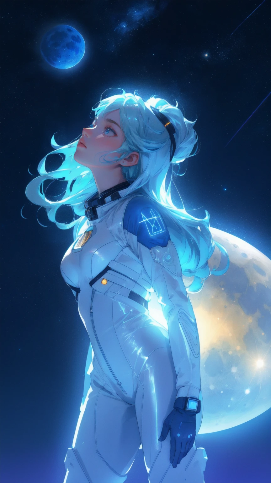 A stunning, cute girl in a sleek, metallic spacesuit adorned with blue lights stands on the surface of the moon. She gazes upward towards a glowing blue moon, surrounded by floating Bitcoin symbols and rainbow beams stretching across the sky. The background is a deep, star-filled blue, emphasizing the cosmic setting. Keywords: Moon Lander, blue background.