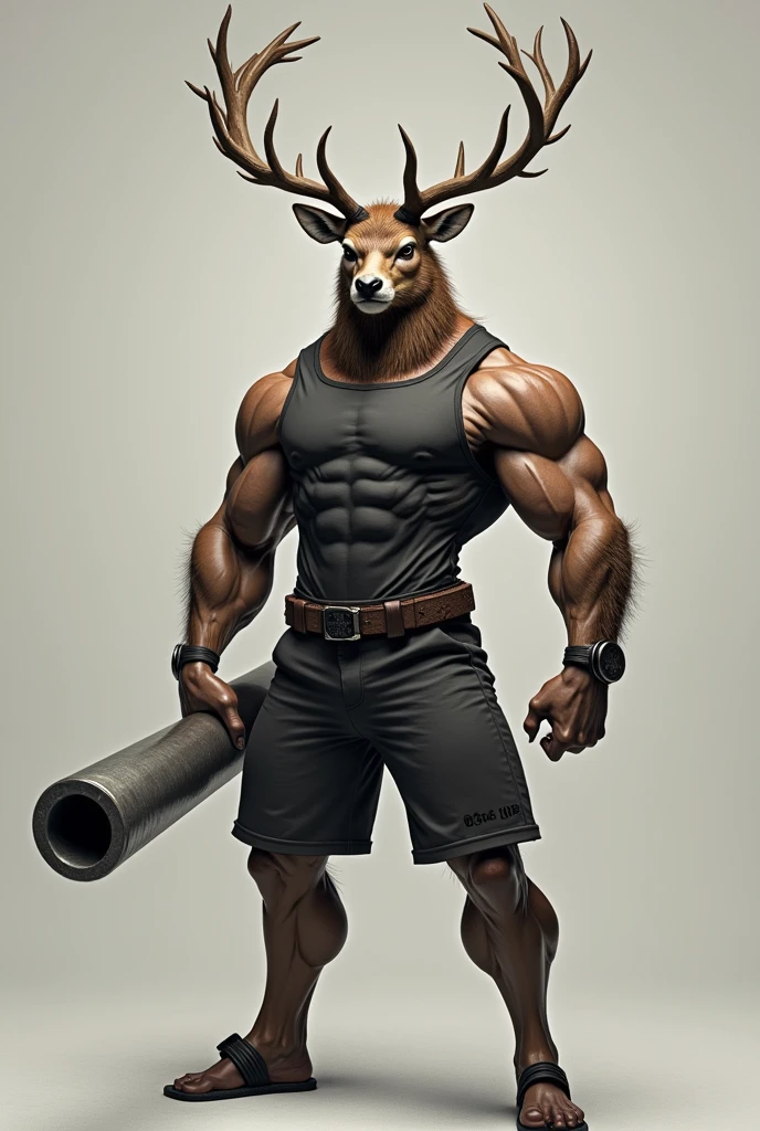 A strong fitness deer anthropomorphized holding a steel pipe in his hand, looking very fierce and wearing a fitness vest