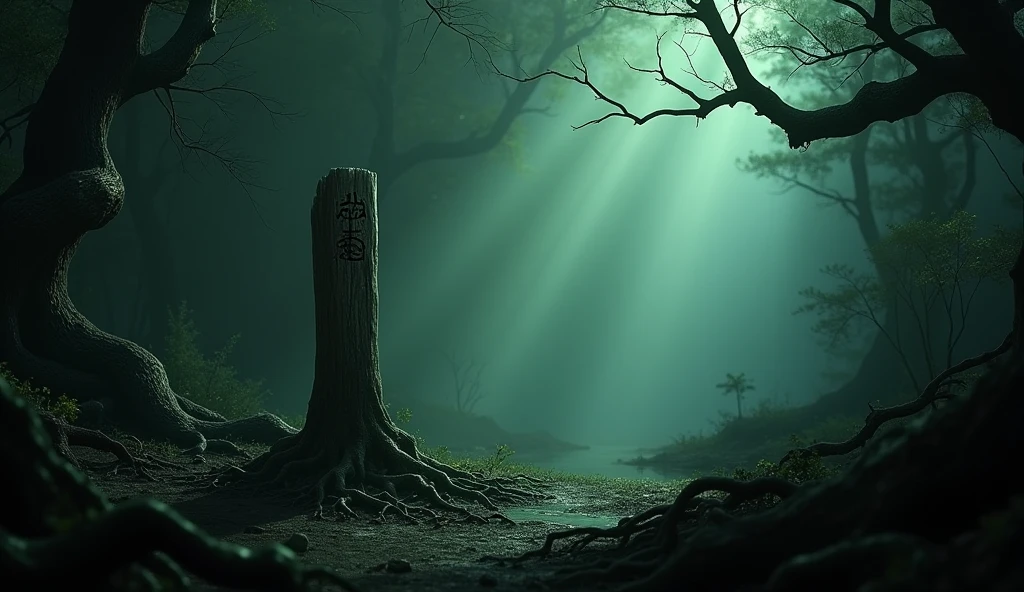 A haunting scene deep within a dense, shadowy forest on Roanoke Island. The wooden post with "CROATOAN" carved into it stands alone in a small clearing, surrounded by thick, twisted trees with gnarled roots. The forest is dimly lit, with shafts of eerie, greenish light breaking through the canopy. The air is thick with mist, and the atmosphere feels oppressive and forbidding, as if the island itself holds dark secrets that no one should uncover. The ground around the post is overgrown, with strange, ancient symbols faintly visible in the underbrush