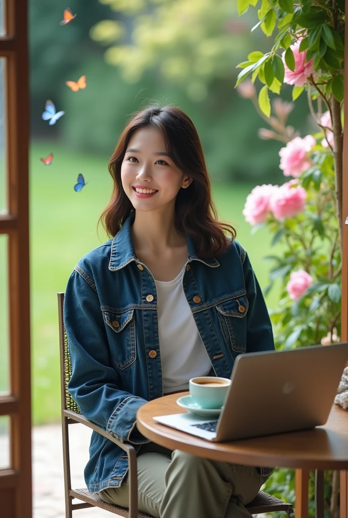 beautiful Korean girl, white, well-groomed face, wearing a dark blue jeans jacket, white t-shirt, cargo trousers, thin smile, sitting in a garden chair, table with a laptop, hot coffee, beautiful flowers blooming in the background, open room, growing green grass, and there are flying butterflies, original, realistic photos