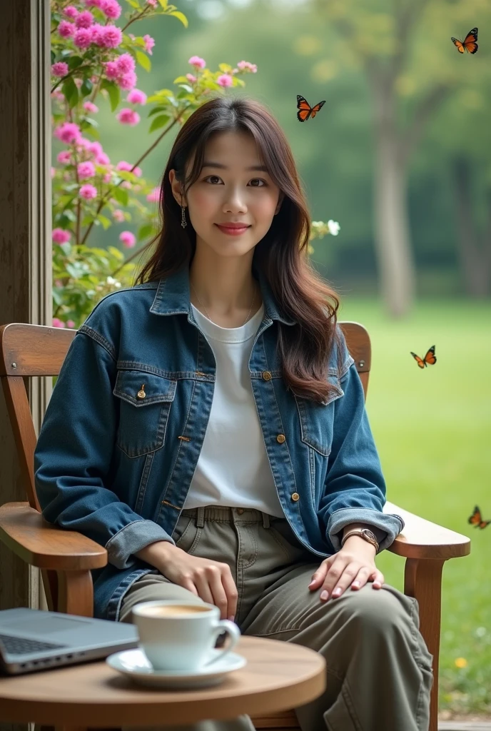 beautiful Korean girl, white, well-groomed face, wearing a dark blue jeans jacket, white t-shirt, cargo trousers, thin smile, sitting in a garden chair, table with a laptop, hot coffee, beautiful flowers blooming in the background, open room, growing green grass, and there are flying butterflies, original, realistic photos