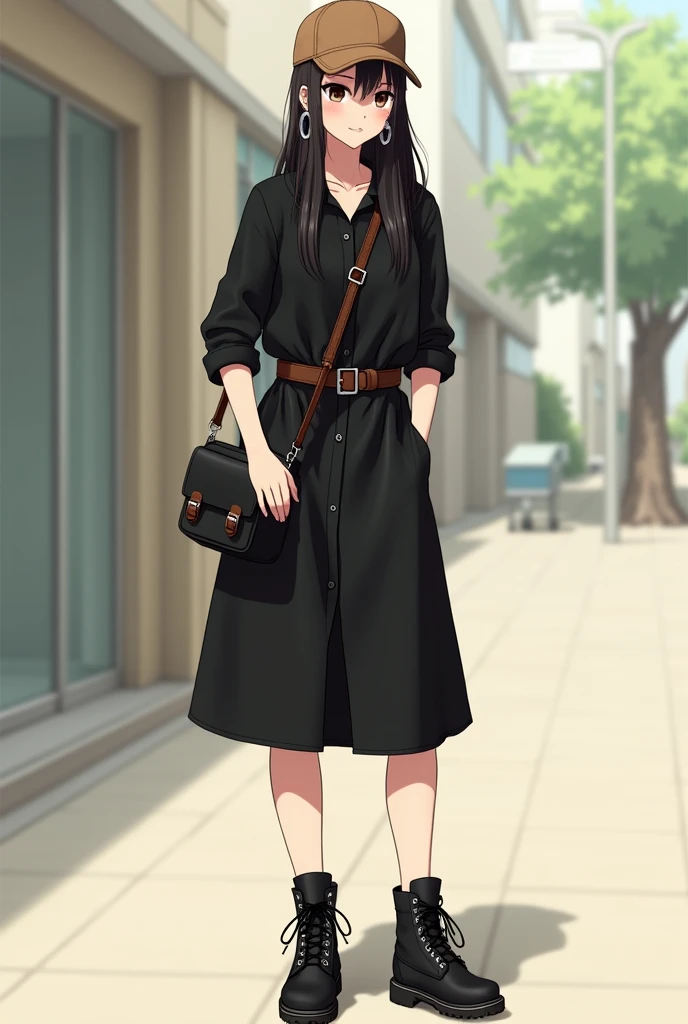 A  girl wearing black shirt-dress over the knee with a brown tin belt and black high timber land shoes with straight longgg hair large cirlce earings and black cross bag and a brown cap

Not anime