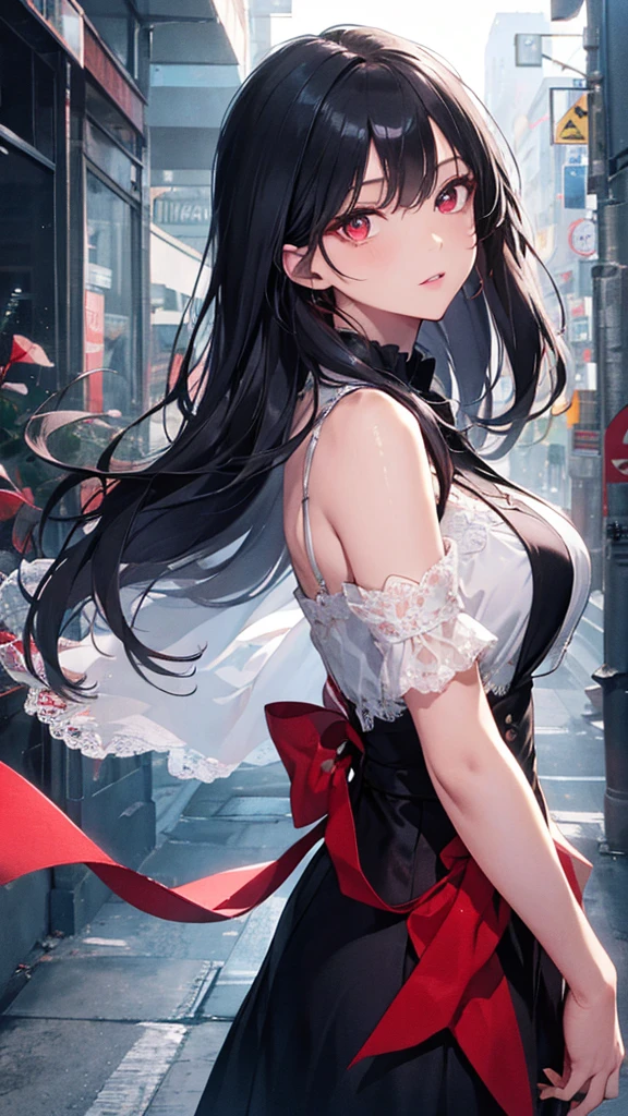 masterpiece、Highest quality、High resolution、High-quality images、Skin Radiance、Texture of skin and clothing、Expression of fine eyes、Shiny black hair、Long Hair Girl、dress, beautiful bright red eyes, Fuller lips, Gorgeous face with attention to detail, charm, Innocent, Side view, (Perfectly detailed face), (Beautiful Hands) Photorealistic images, High resolution, Slanted Eyes, One person, 