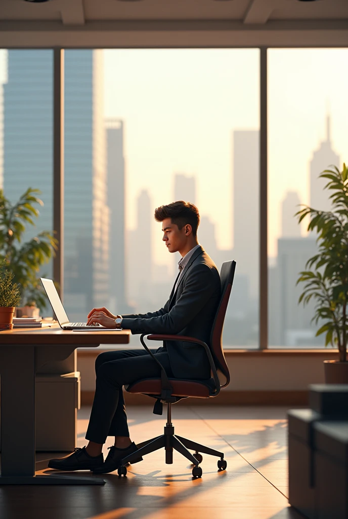 A young man sitting in the his  own office in a large company 