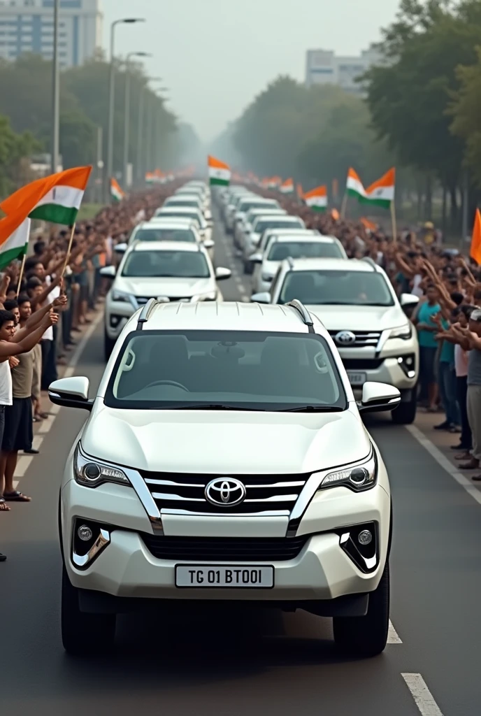 10 white fortuners legenders with tg 01 bt0001 number plates convey on road with the hooters hai people holding india flags 
cheating them 
