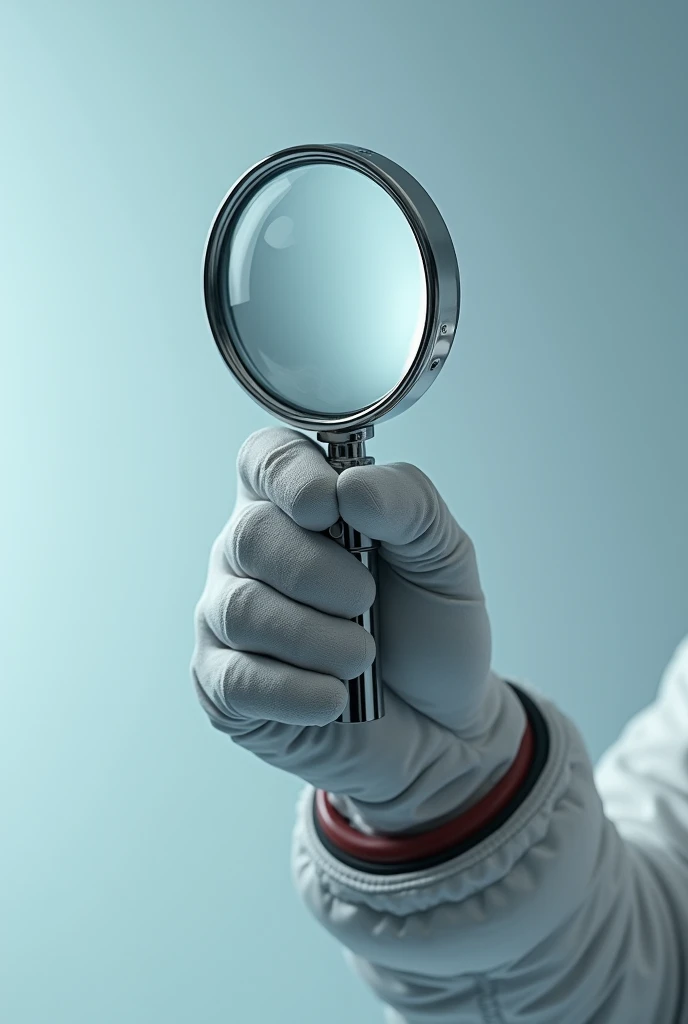 just show a  astronaut in white costume hand only holding magnifying full  glass zoom shot in gradient background