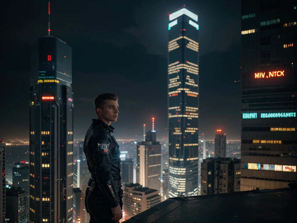 A man, cyberpunk, 30 years old, blue eyes, dark blonde hair, shorter on the sides, combed back, unshaven, wearing black moder/futuristic armor. No piercings. Holding assault rifle, standing on top of a building watching the skyline at night of the cyberpunk city below in the background. He is leaning against the parapet of a building, Background futuristic cyberpunk make it realistic, Blade Runner, Mass Effect , Cyberpunk A super technological city with tall buildings, Buildings illuminated with colored lights, fundo escuro,8k, ultra hd