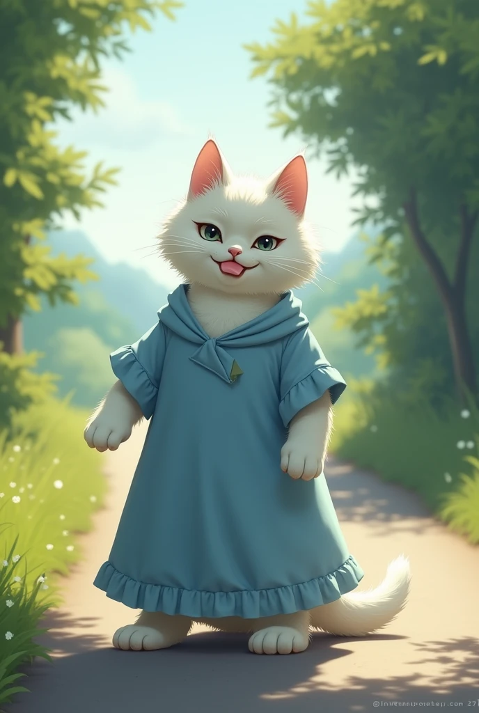 tall beautiful white cat dressed in blue plain frock panting on road