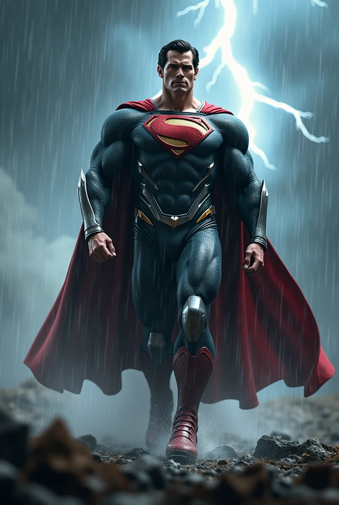 Superman with tough suit walking with lightning and thunderstorm