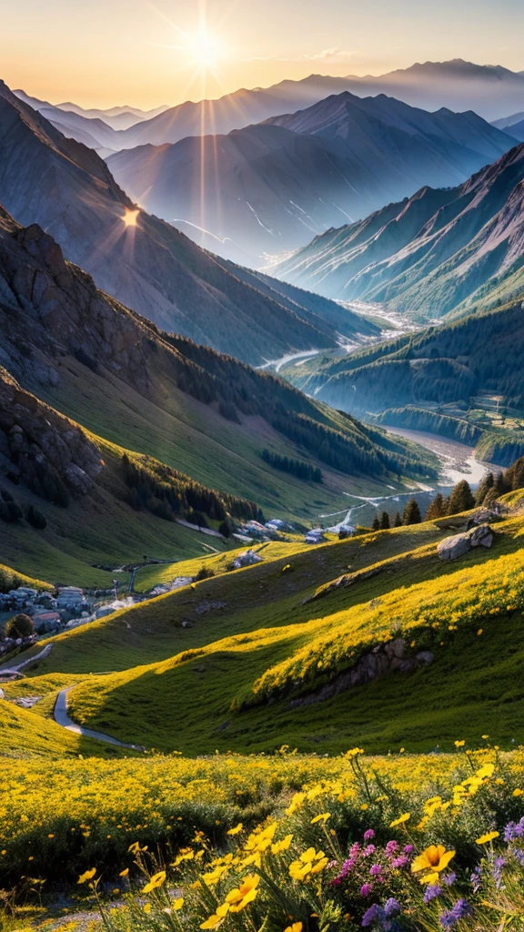 The mountains are covered with colourful flowers. In the spring season, during the sunrise or sunset, the golden rays of the sun fall on the mountains. The sun's rays give a bright glow to the mountain peaks and flowers.