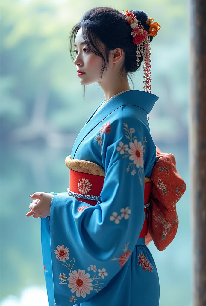 Japanese woman in blue kimono　One person

