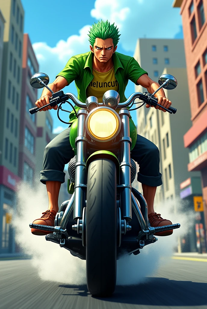 Zoro rides a motorbike wearing a green shirt that says MELUNCUR