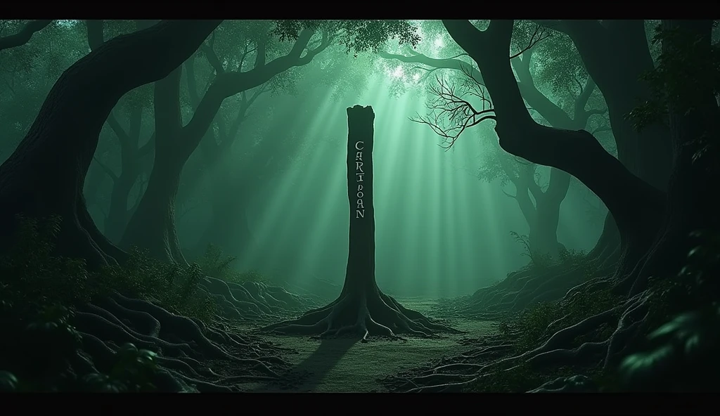 A haunting scene deep within a dense, shadowy forest on Roanoke Island. The wooden post with "CROATOAN" carved into it stands alone in a small clearing, surrounded by thick, twisted trees with gnarled roots. The forest is dimly lit, with shafts of eerie, greenish light breaking through the canopy. The air is thick with mist, and the atmosphere feels oppressive and forbidding, as if the island itself holds dark secrets that no one should uncover. The ground around the post is overgrown, with strange, ancient symbols faintly visible in the underbrush