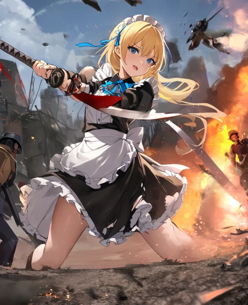 (8k, super high quality, masterpiece), (detailed), One Woman, Small breasts, blonde, cute, A little longer, Blue Ribbon, Apron dress, Maid clothes, Brandishing a two-handed sword, Dynamic Stance, Burning Battlefield, City defense, 全身がmudてる, Torn clothing, A strong enemy before me, deadly battle, Intense Combat, mud