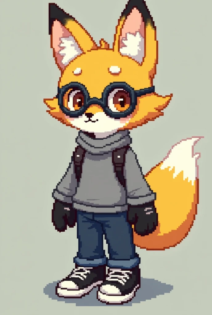 Yellow Fox, a pilot's glasses, gray sweater, dark blue pants, black sneakers with gray soles, black gloves with finger holes, 2 tails with white detail at the end, one drooping ear, pixel art