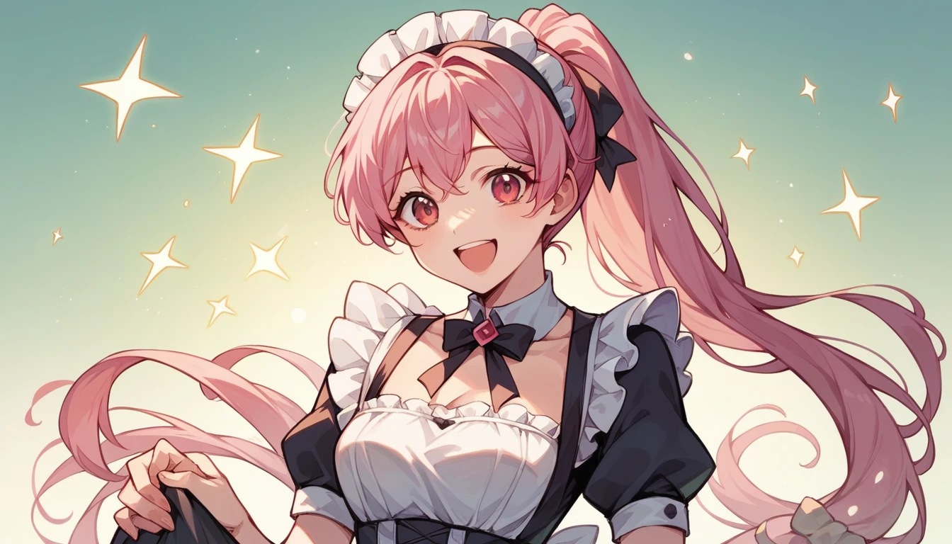 Beautiful and cute woman "I love infinity", Joyful, Happy, Anime illustration,Pink Hair、ponytail、Slender Body、 Beautiful Smile、、A realistic maid outfit that looks like it's dancing