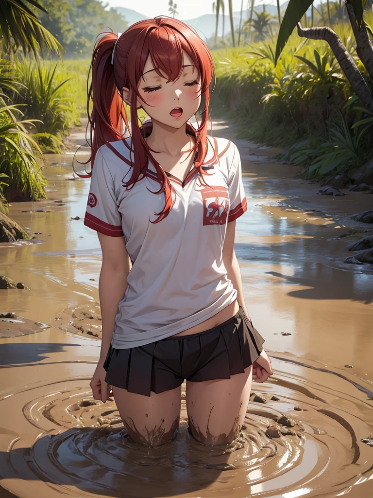 1girl, solo, masterpiece, best quality, high res, highly detailed, (illustration), eyes closed, yuigahama yui, red hair ponytail, glossy lips, light makeup, orgasm, open mouth, intimate moment, school shirt, torso, no pants, (quicksand:1.4), (from side:0), bog, swampy, arched back, (headback:1.4), dirty, muddy, soiled,