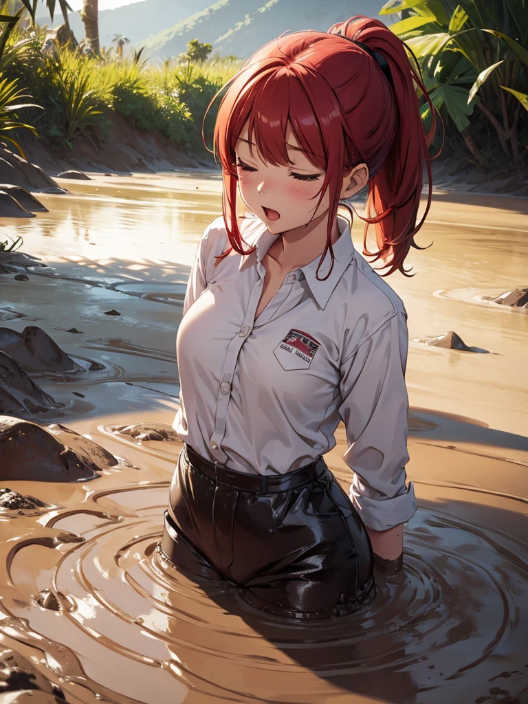 1girl, solo, masterpiece, best quality, high res, highly detailed, (illustration), eyes closed, yuigahama yui, red hair ponytail, glossy lips, light makeup, orgasm, open mouth, intimate moment, school shirt, torso, no pants, (quicksand:1.4), (from side:0), bog, swampy, arched back, (headback:1.4), dirty, muddy, soiled,