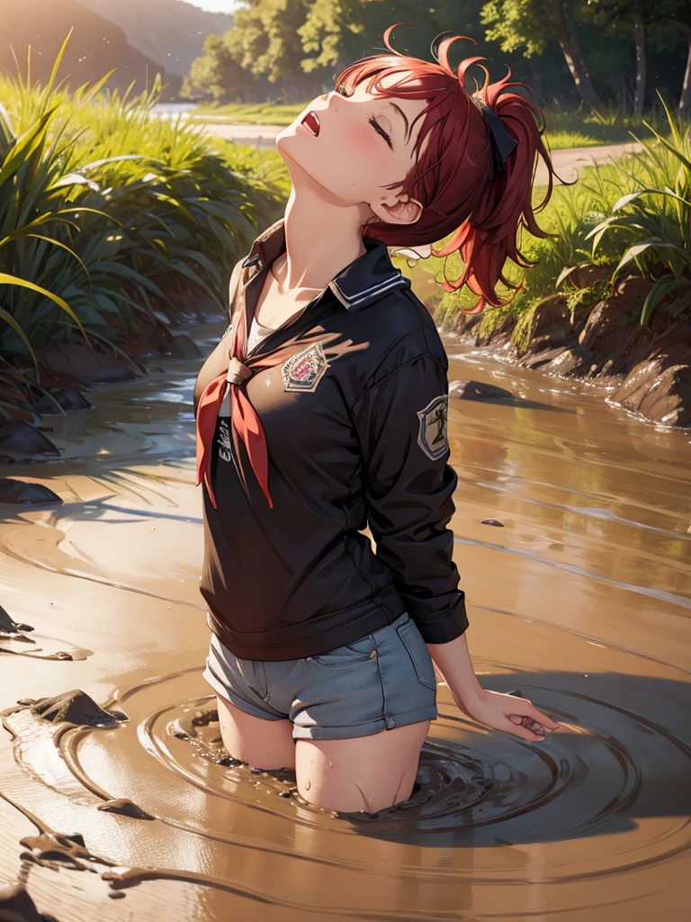 1girl, solo, masterpiece, best quality, high res, highly detailed, (illustration), eyes closed, yuigahama yui, red hair ponytail, glossy lips, light makeup, orgasm, open mouth, intimate moment, school shirt, torso, no pants, (quicksand:1.4), (from side:0), bog, swampy, arched back, (headback:1.4), dirty, muddy, soiled,