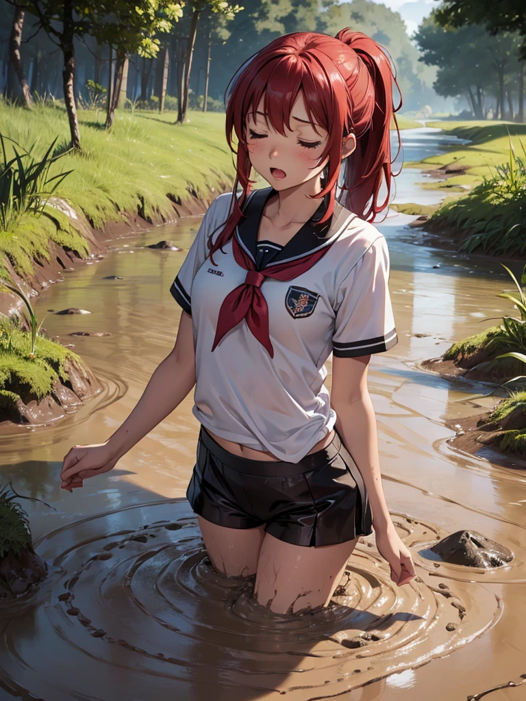1girl, solo, masterpiece, best quality, high res, highly detailed, (illustration), eyes closed, yuigahama yui, red hair ponytail, glossy lips, light makeup, orgasm, open mouth, intimate moment, school shirt, torso, no pants, (quicksand:1.4), (from side:0), bog, swampy, arched back, (headback:1.4), dirty, muddy, soiled,