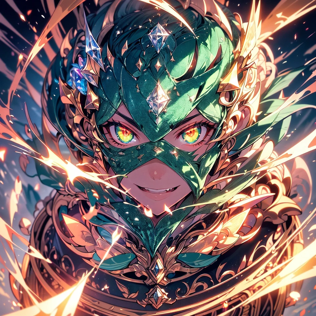 a majestic dragon exhaling breath, full body, alone, (masterpiece, best quality, extremely detailed), sharp focus, extremely detailed face, extremely detailed eyes, golden eyes, (glowing eyes:1.2), serious expression, poise, (twilight, diamond shards, green particles swirling around), cinematic lighting, ray tracing, shading, dynamic angle, masterpiece