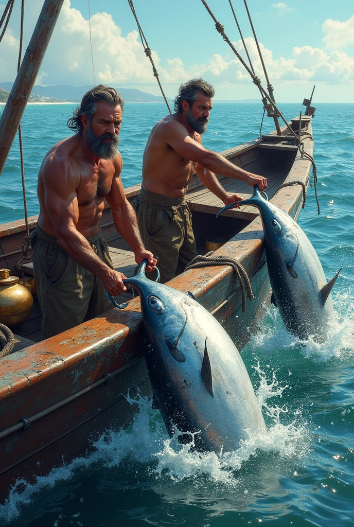 Three strong fishermen pull up bonito from the deck of a boat. The bonito jumps around, splashing in the water. Only one of them pulls up a yellow brass kettle.