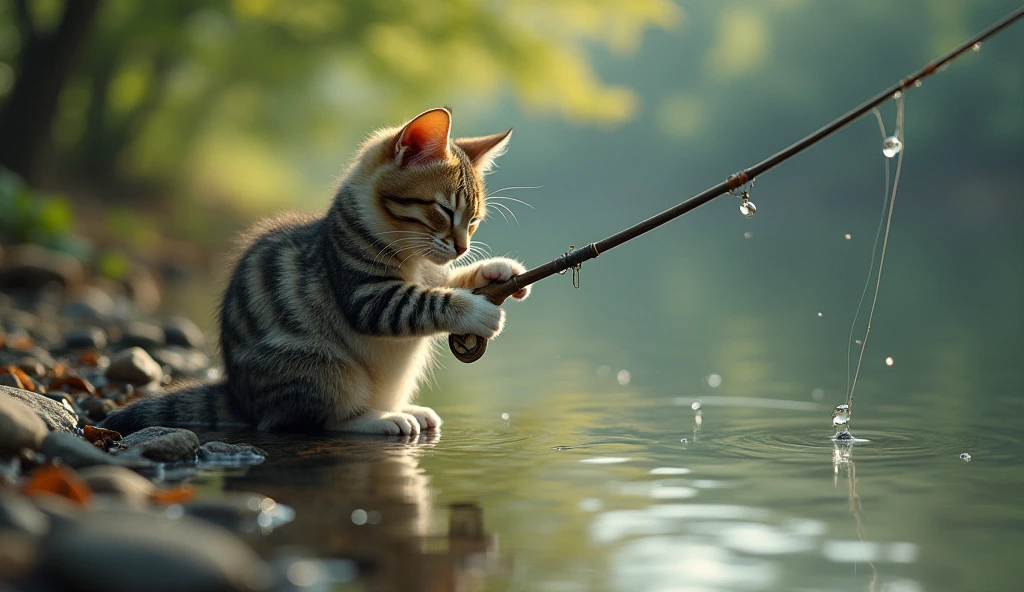 serene riverbank,drowsy feline,clutching,elongated fishing rod,tranquil fishing scene,gently floating,delicate ripples,glassy water surface, highres,ultra detailed,best quality,masterpiece