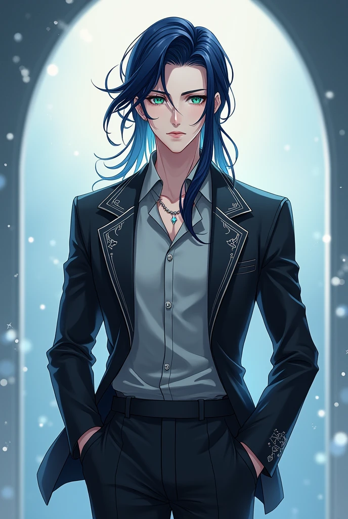 Absolutely, here’s a detailed concept for creating a unique and handsome anime boy image with a 1:1 aspect ratio:
---
**Character Design Concept**
1. **Hair:**
- **Style:** A blend of elegance and modernity, with long, flowing locks that are styled into a refined, swept-back look. The hair is a rich, midnight blue with subtle streaks of silver that catch the light.
- **Texture:** Soft and silky with a slight natural wave, giving it a dynamic movement.
2. **Eyes:**
- **Shape:** Large and almond-shaped, exuding a sense of depth and sophistication.
- **Color:** A mesmerizing gradient of deep emerald green fading into a lighter jade near the pupils, which have a hint of golden highlights to add a sparkle.
- **Detail:** Lush, dark lashes and finely arched eyebrows to frame the eyes perfectly.
3. **Facial Features:**
- **Skin Tone:** Porcelain with a slight blush on the cheeks, giving a youthful and ethereal appearance.
- **Face Structure:** High cheekbones, a chiseled jawline, and a smooth, slightly pointed chin to enhance his handsome look.
4. **Outfit:**
- **Top:** A sleek, dark charcoal blazer with a subtle, intricate pattern woven into the fabric. Underneath, a high-collared, pale gray shirt with an asymmetrical, angular design that gives a futuristic vibe.
- **Accessories:** A thin, silver chain around his neck with a small, elegant pendant that glows faintly. The blazer’s lapels are adorned with delicate silver embroidery in a geometric pattern.
- **Bottom:** Fitted, tailored black trousers with a slight sheen, adding to the overall polished appearance.
5. **Background:**
- **Design:** A soft, gradient backdrop transitioning from a deep twilight blue at the top to a lighter, almost silver-blue at the bottom. This creates a serene and sophisticated environment that contrasts yet complements the character.
- **Details:** Gentle, abstract patterns resembling subtle star constellations or soft, flowing lines to add an ethereal