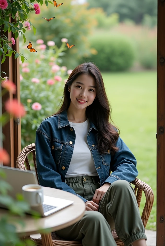 beautiful Korean girl, white, well-groomed face, wearing a dark blue jeans jacket, white t-shirt, cargo trousers, thin smile, sitting in a garden chair, table with a laptop, hot coffee, beautiful flowers blooming in the background, open room, growing green grass, and there are flying butterflies, original, realistic photos