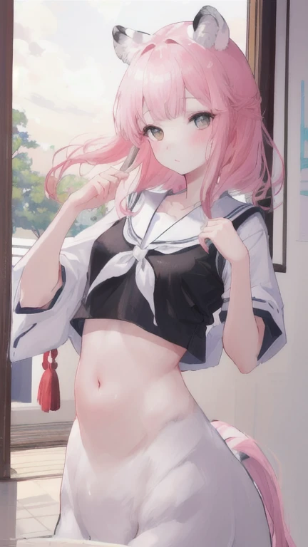 (best quality, masterpiece), 1 girl, centaur, I beg, White skin, 7 year old Japanese school girl,daughter,black pink, exposing the abdomen, belly button t-shirt , beautiful girl perfect, White tiger photo, 완벽한 White tiger photo