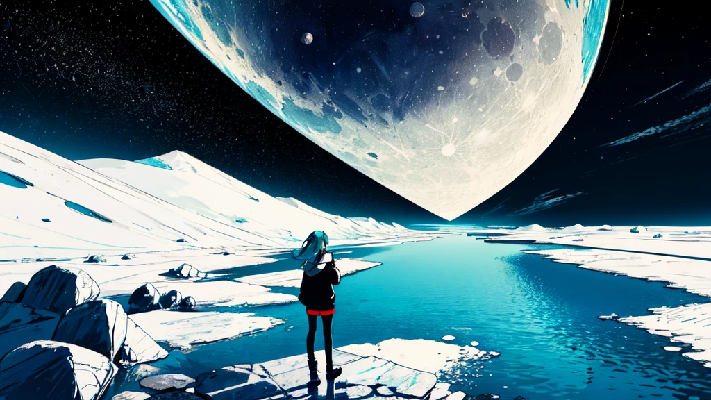 (masterpiece, Highest quality:1.3), (Flat Color:1.3),(colorful:1.3),View your viewers,One person,alone,floating colorful water,(2D:1.3), Hatsune Miku, Lunar Surface