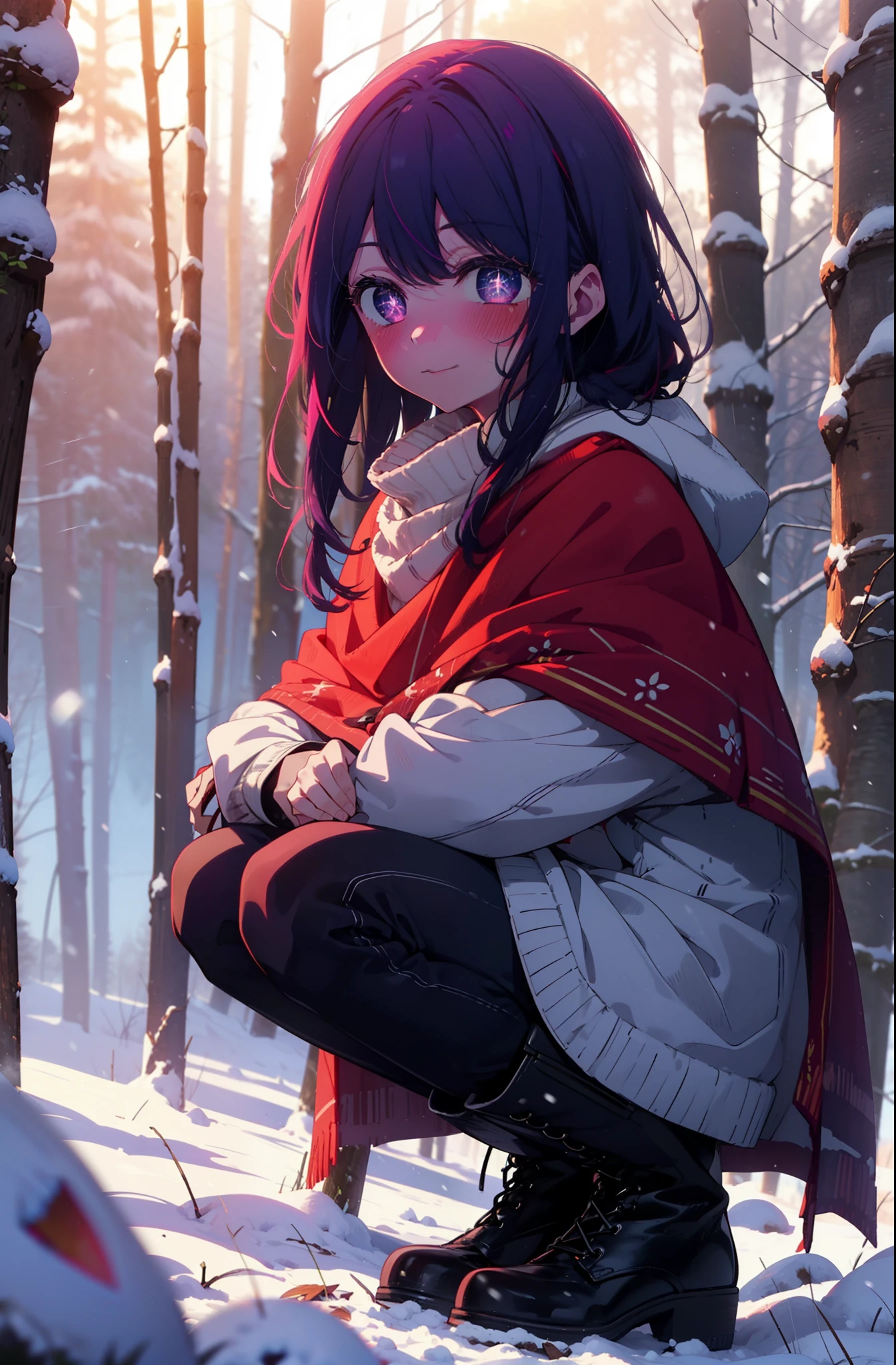 aihoshino, Ai Hoshino, Long Hair, bangs, (Purple eyes:1.1), Purple Hair, (Symbol-shaped pupil:1.5), smile,,smile,blush,white breath,
Open your mouth,snow,Ground bonfire, Outdoor, boots, snowing, From the side, wood, suitcase, Cape, Blurred, , forest, White handbag, nature, Squat, Mouth closed, Cape, winter, Written boundary depth, Black shoes, red Cape break looking at viewer, Upper Body, whole body, break Outdoor, forest, nature, break (masterpiece:1.2), Highest quality, High resolution, unity 8k wallpaper, (shape:0.8), (Beautiful and beautiful eyes:1.6), Highly detailed face, Perfect lighting, Highly detailed CG, (Perfect hands, Perfect Anatomy),