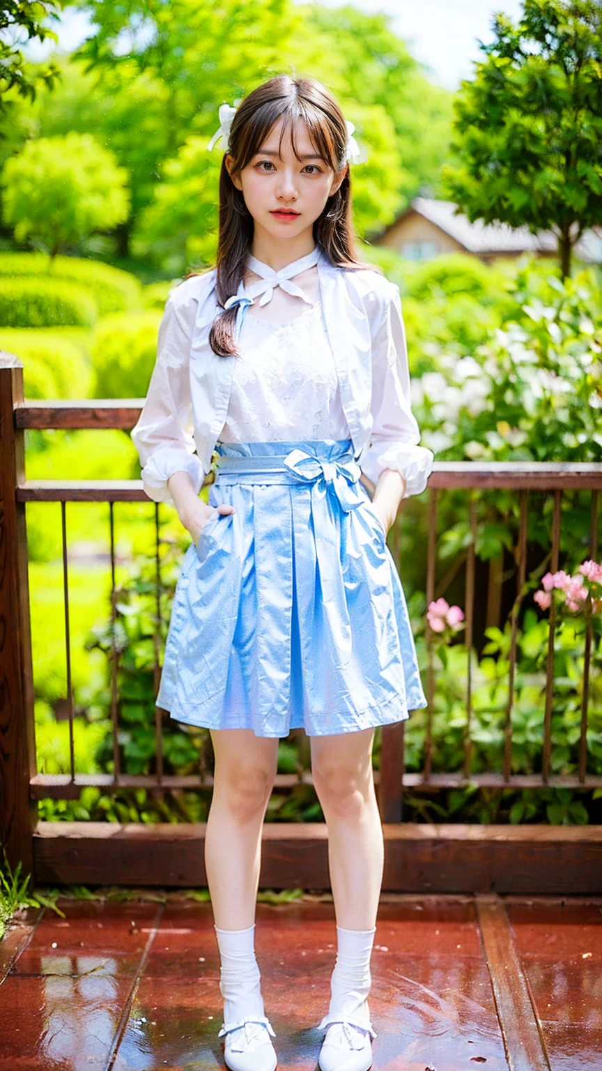 (8k、RAW Photos、Highest quality、masterpiece:1.2)、(Realistic、Realistic)、1 person、((garden、mini skirt、White and light blue ribbon on chest、cool、Thin legs、whole body、View from the front、Looking into the camera、Stand with hands on hips))、cute