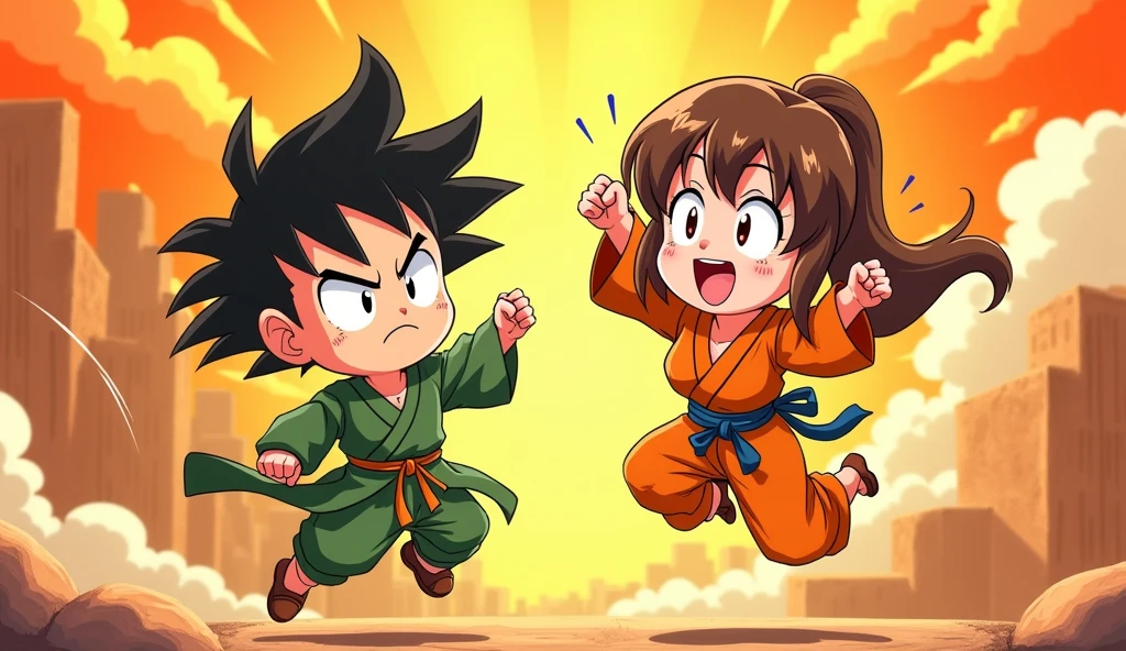A vibrant and dynamic anime scene featuring a chibi-style boy and women . Boy is shown with a grumpy expression, wearing a green monk outfit, long hair,while women joyfully jumps with a fist in the air, dressed in his iconic orange gi. Big boobs,brown hair,The background is filled with bold orange and yellow hues, with subtle comic-style illustrations of Krillin’s expressions and additional characters. The overall style is playful and captures the energy of classic anime with detailed shading and a warm color scheme."