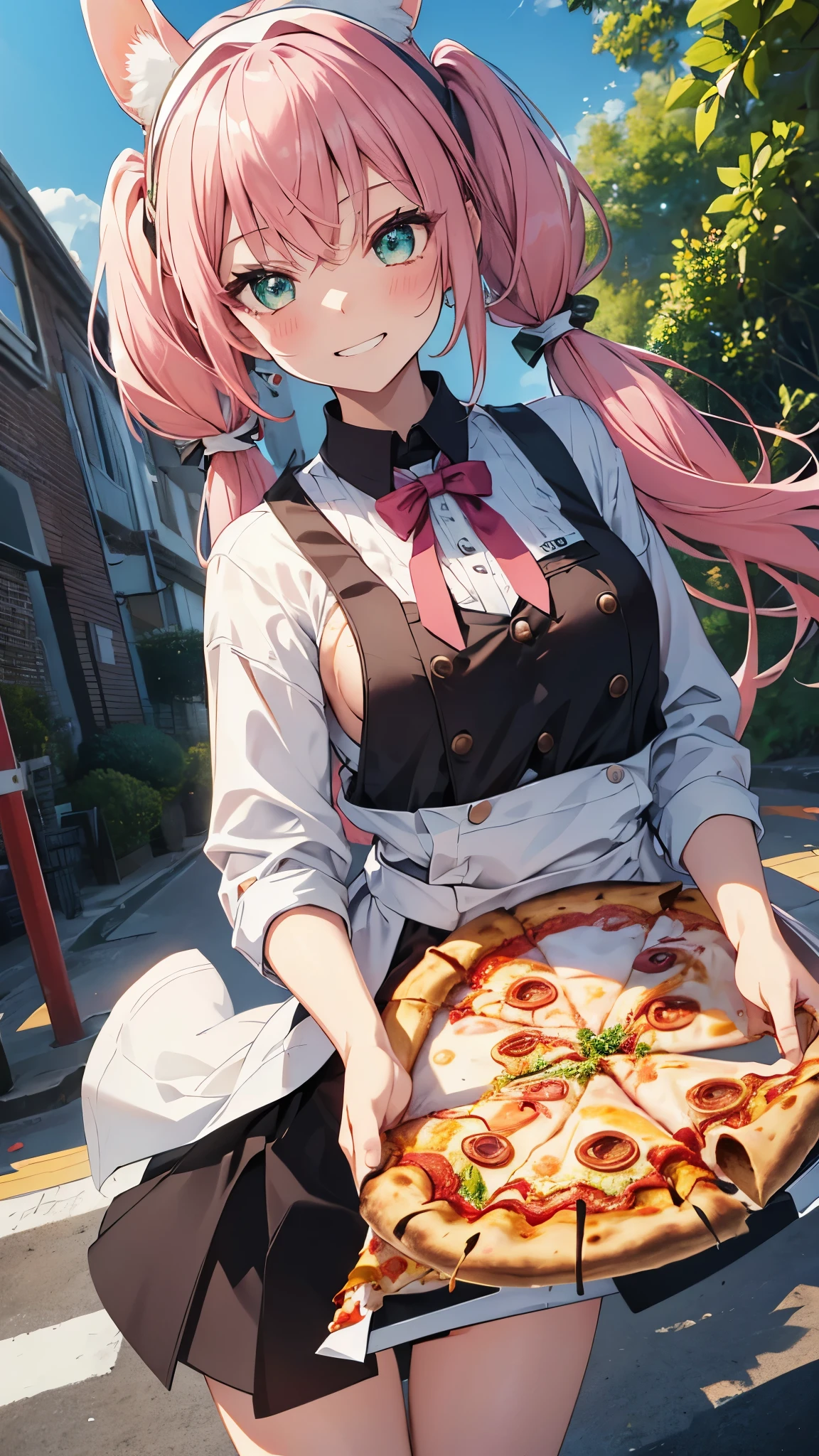 1girl,grin,top-quality,Top image quality,in 8K,4K,masterpiece,ultra-detailliert,Beautiful、ultra-quality, best quality,high resolution, ultra-detailed,game cg,dutch angle ,beautiful detailed eyes, visualart,five fingers, perfect hands,beautiful girl,BREAK,(chibi:1.2),slender,(flat chest),long hair,pink hair,(half twintails),emerald green eyes,(Rabbit ear hair bands),(Pizza delivery woman:1.3),blush,