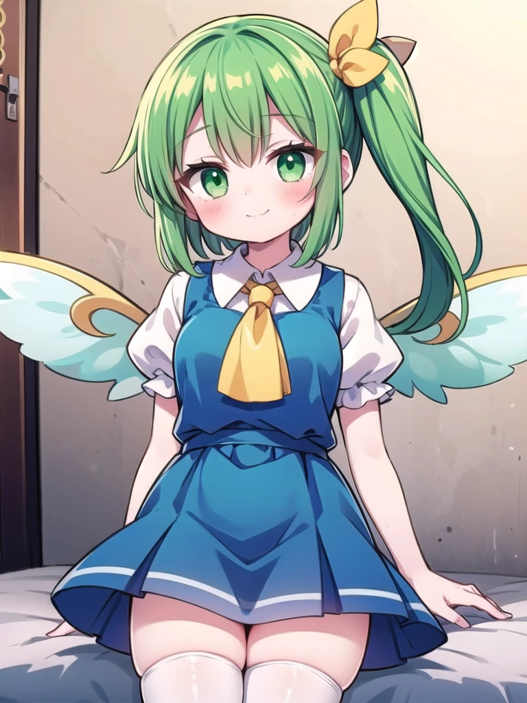 1girl, masterpiece, best quality, perfect hands, blush, smile, closed mouth, daiyousei, green hair, side ponytail, green eyes, bow, yellow ribbon, hair ribbon, ascot, blue dress, wings, white shirt, collared shirt, puffy short sleeves, white thighhighs, medium hair, zettai ryouiki