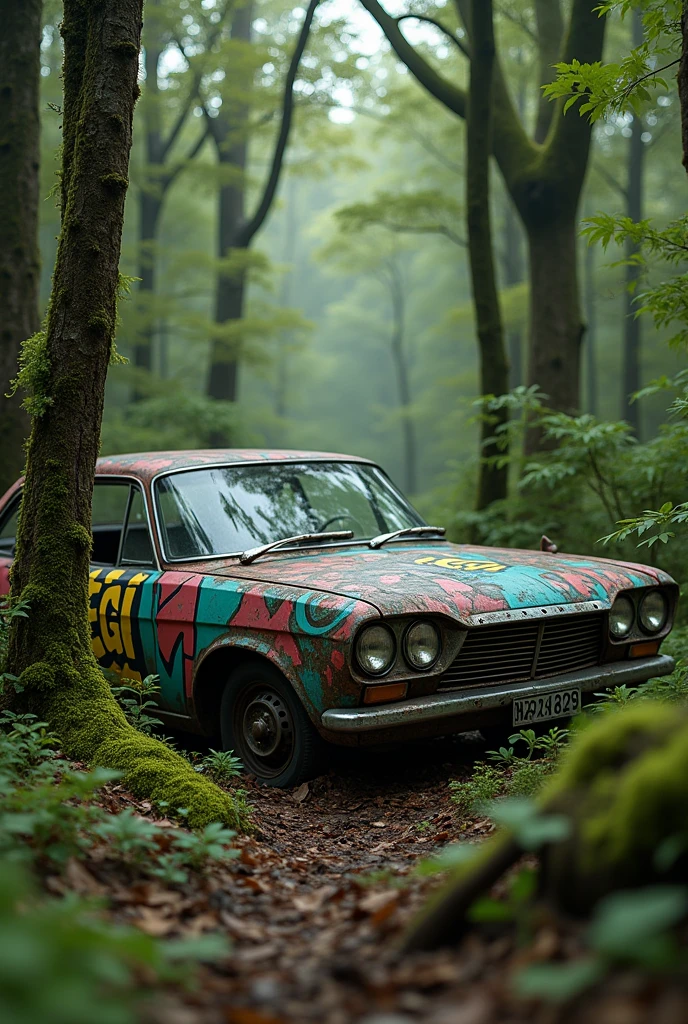 A graffiti with the name REGI on an old car abandoned in the middle of a forest