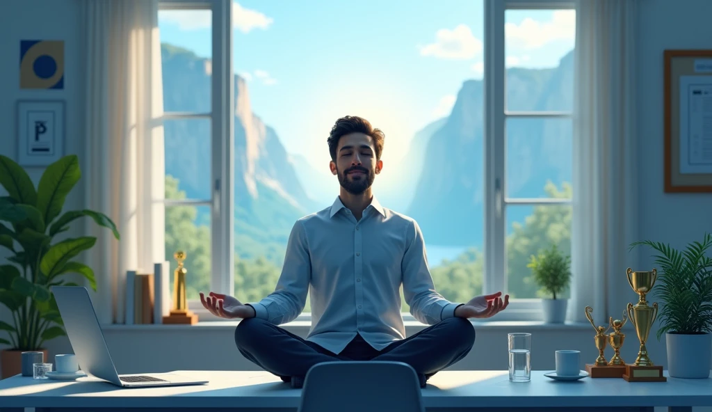 A harmonious blend of a business setting and a peaceful environment. The image features an entrepreneur meditating at their desk, eyes closed, with a gentle smile, surrounded by symbols of success like a vision board, trophies, and a growing plant. Above them, a soft, glowing aura symbolizes positive energy and mental clarity. In the background, there are calming elements like a waterfall or mountain range visible through a large window, merging the concepts of nature and achievement. The workspace is uncluttered and balanced, with a calming color palette of blues and greens. The atmosphere is one of tranquility, illustrating that mental health practices can coexist with and enhance business success.