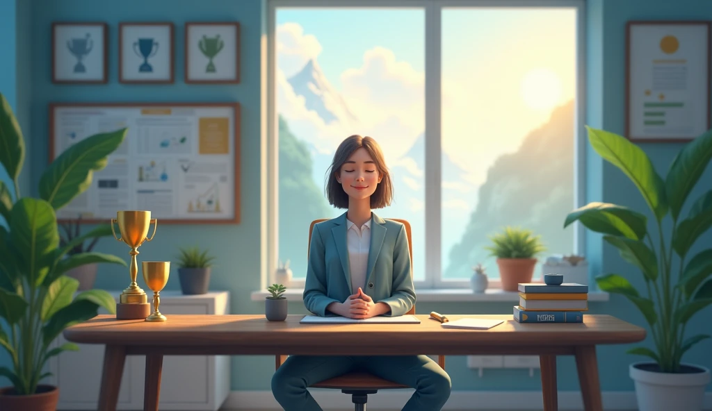 A harmonious blend of a business setting and a peaceful environment. The image features an entrepreneur meditating at their desk, eyes closed, with a gentle smile, surrounded by symbols of success like a vision board, trophies, and a growing plant. Above them, a soft, glowing aura symbolizes positive energy and mental clarity. In the background, there are calming elements like a waterfall or mountain range visible through a large window, merging the concepts of nature and achievement. The workspace is uncluttered and balanced, with a calming color palette of blues and greens. The atmosphere is one of tranquility, illustrating that mental health practices can coexist with and enhance business success.
