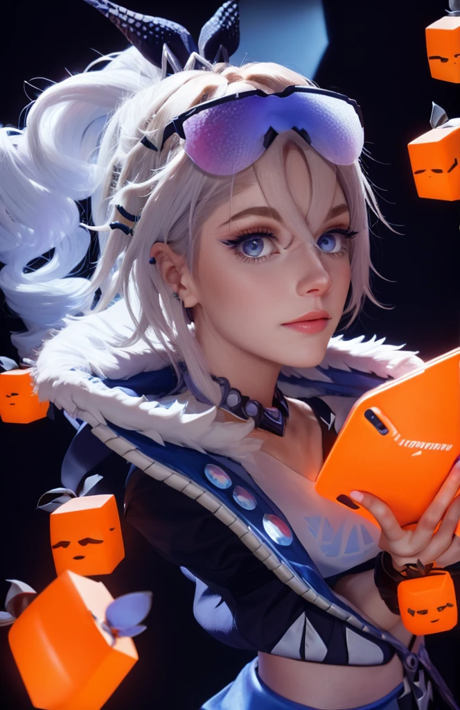 White hair, blue eyes, holding a game joystick, has an orange cat.