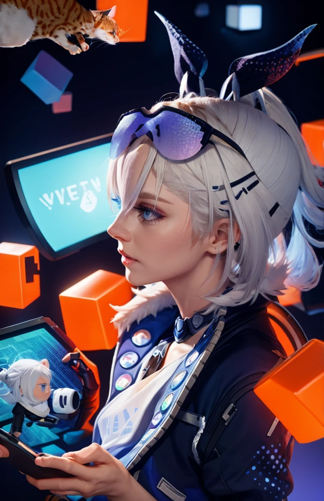 White hair, blue eyes, holding a game joystick, has an orange cat.