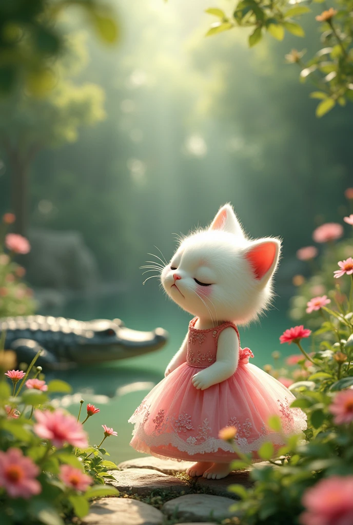 White cat in Pink dress is weeping to see the crocodil in the garden 
