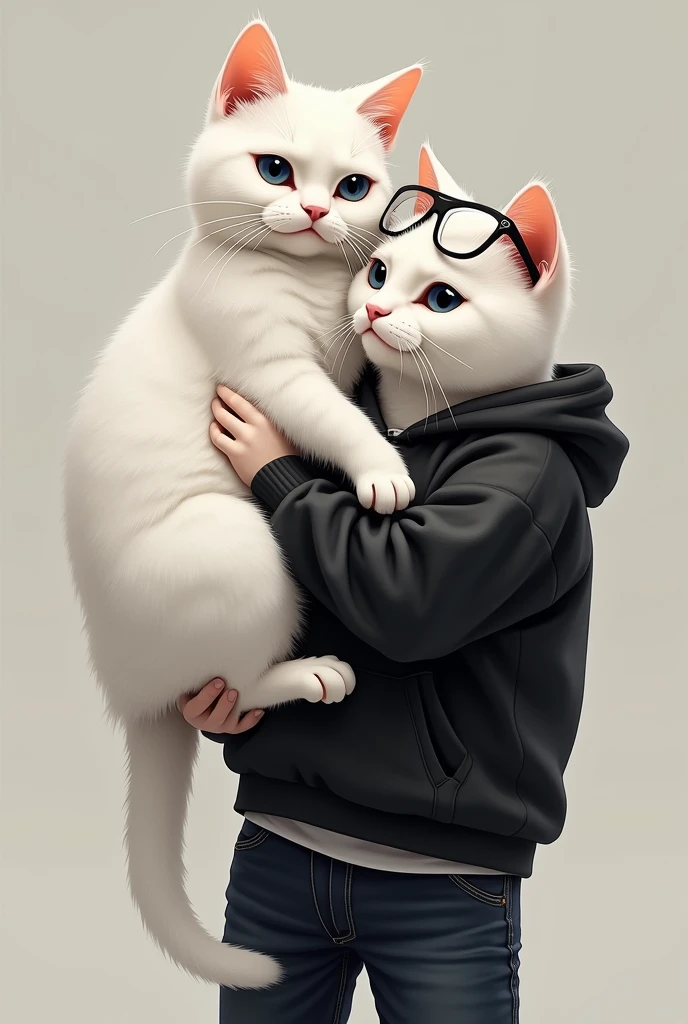 tall beautiful white cat dressed in is holded by white cat dressed in black hoodie and black jeans with black glasses on shoulders