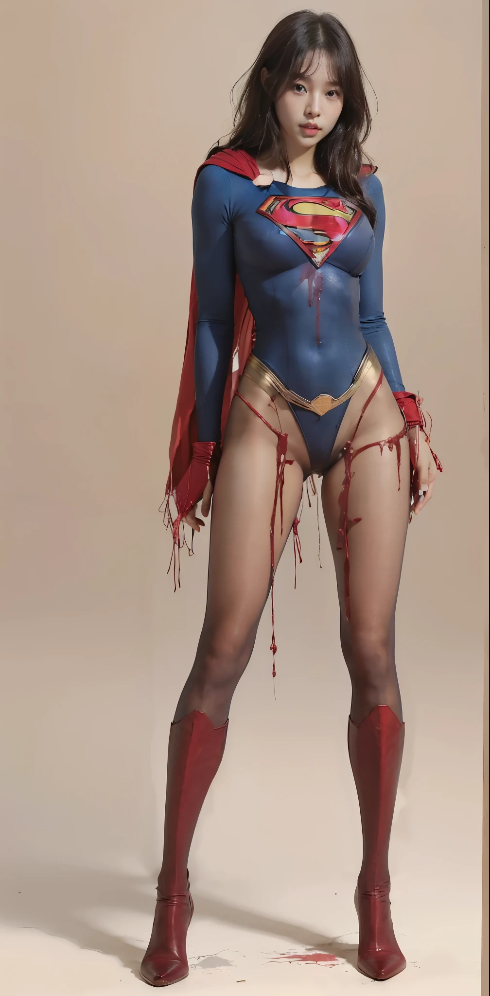No background、(((Beautiful legs in black tights.)))、(((Legalize the beauty of your suffering face)))、((((Make the most of your original images)))、(((Supergirl Costume)))、(((Beautiful Hair)))、(((suffering)))、(((Please wear black tights....、Wear red boots)))、((Best image quality、8k))、((Highest quality、8k、masterpiece:1.3))、(((Preserve background )))、Sharp focus:1.2、Beautiful woman with perfect figure:1.4、Slim Abs:1.2、Wet body:1.5、Highly detailed face and skin texture、8k