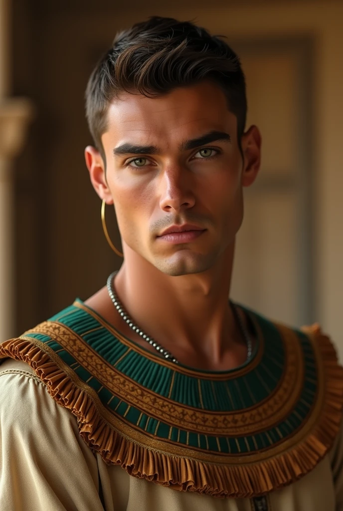 An Egyptian handsome man green eyes ,brown hair , white face , diamond face under the prisoner wearing a Egyptian dress pharaoh .