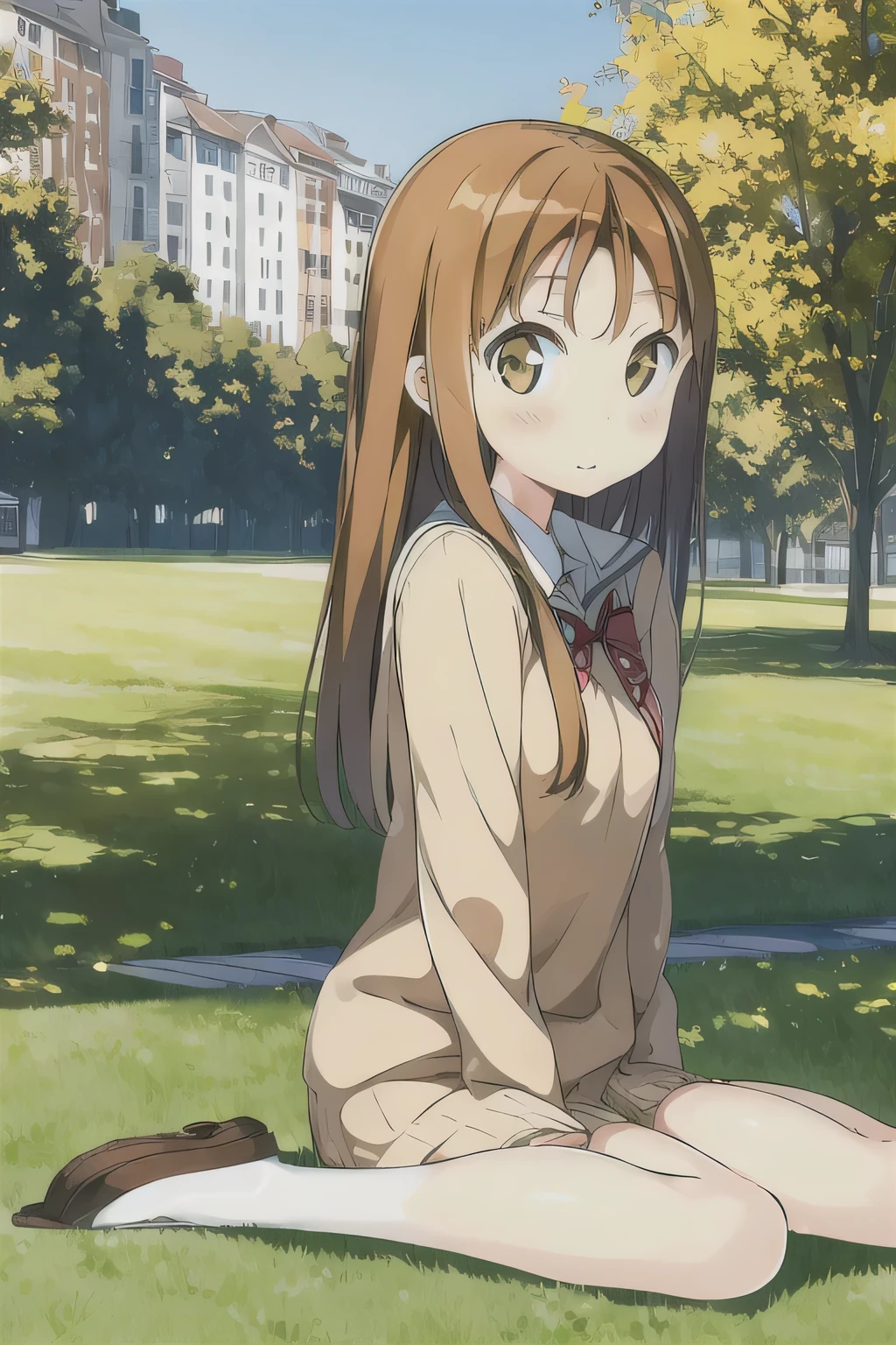 1 tailed hair, long hair girl, light brown hair, light brown eyes, school uniform with sweater, sit on the grass, river, city building, trees
