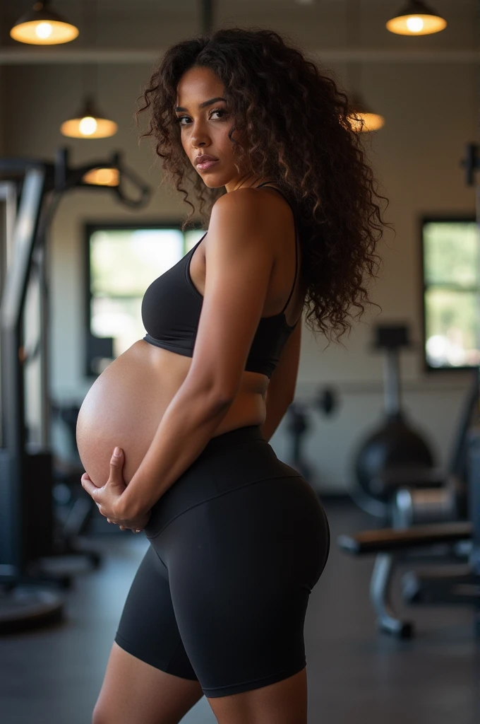masterpiece, thick woman, big butt, short yoga pants, by rubio, Curly hair,standing in a gym.