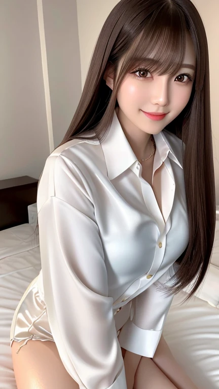 Front view, Young and pretty girl in Japan, Long Bob Hair, night、Standing alone next to a bed in a luxurious room with a big smile on her face, Attractive person, Wearing an unbuttoned long-sleeved white silk satin shirt with a collar, Shiny satin white panties, Super cute face, Glossy Lips, Double eyelids on both eyes, Natural Makeup, Long eyelashes, shiny smooth light brown long hair, Straight Hair、Asymmetrical bangs, Center image, High resolution, Attention to detail, Detailed hairstyle, Detailed face, Spectacular movie lighting, Octane Rendering, Vibrant, Ultra-realistic, Perfect limbs, Perfect Anatomy